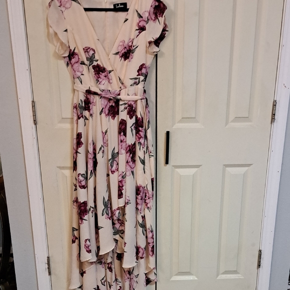 Lulu's Pink and Cream Floral Wrap Dress - Picture 3 of 5